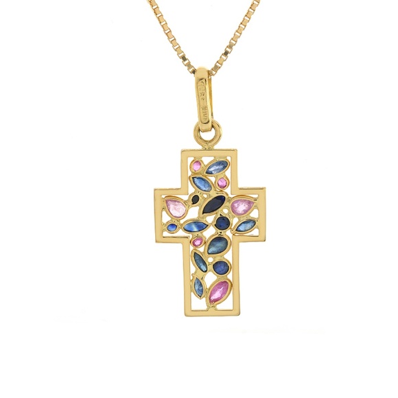 1.25 Ct. tw. Blue & Pink Sapphire Cross Pendant 18K Gold - Picture 1 of 3